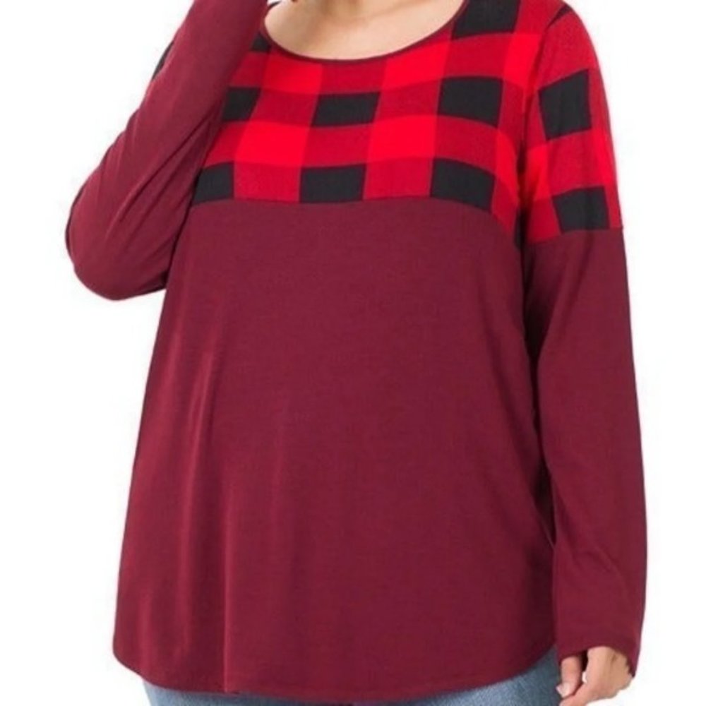 Women's Zenana Red, Black & Burgundy Plaid Long Sleeve Top